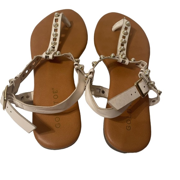 Goldtone T-Strap Buckle Closure White Flat Sandals With Faux Pearls Size 7 - Picture 4 of 6